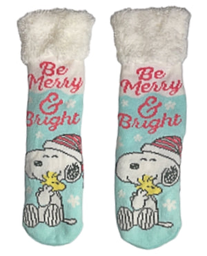 PEANUTS Ladies CHRISTMAS SNOOPY Sherpa Lined Gripper Slipper Socks ‘BE MERRY & BRIGHT’ - Novelty Socks for Less