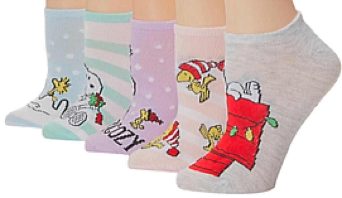 PEANUTS Ladies 5 Pair Of CHRISTMAS No Show Socks ‘WARM & COZY’ - Novelty Socks for Less