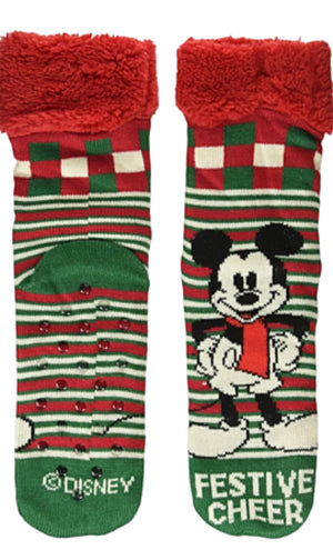 DISNEY LADIES MICKEY MOUSE CHRISTMAS SHERPA LINED GRIPPER BOTTOM SLIPPER SOCKS - Novelty Socks for Less