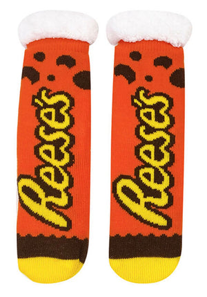 REESE’S PEANUT BUTTER CUPS LADIES SHERPA LINED GRIPPER BOTTOM SLIPPER SOCKS - Novelty Socks for Less