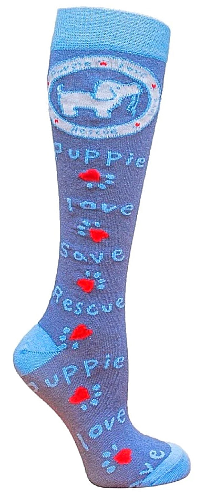PUPPIE LOVE BY SOCKS N SOCKS Brand Adult Knee High Socks 'PUPPIE LOVE SAVE RESCUE'