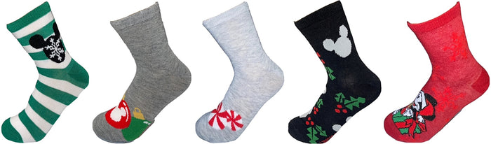 DISNEY Ladies CHRISTMAS 5 Pair Of MICKEY MOUSE Socks HOLLY & BERRIES, ORNAMENTS