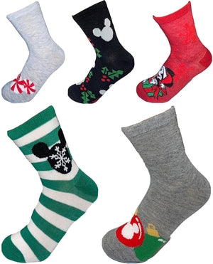 DISNEY Ladies CHRISTMAS 5 Pair Of MICKEY MOUSE Socks HOLLY & BERRIES, ORNAMENTS - Novelty Socks for Less