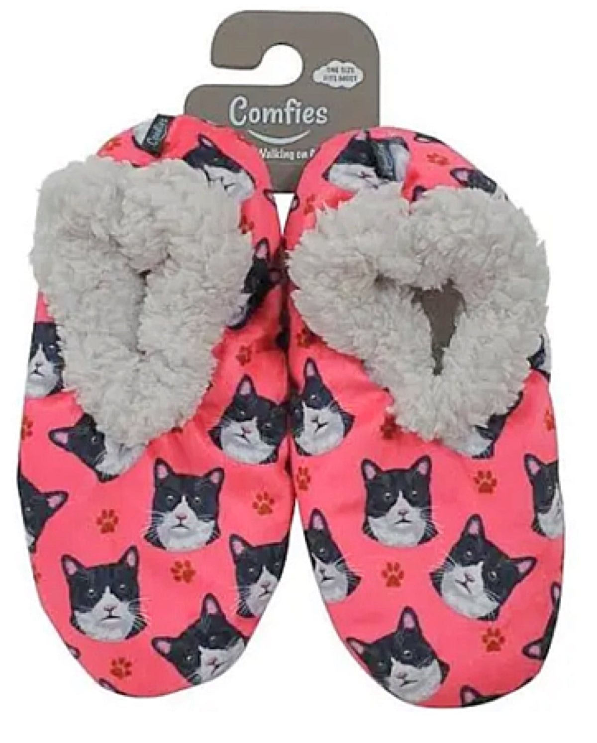 COMFIES Ladies BLACK & WHITE CAT Non-Skid Slippers - Novelty Socks for Less
