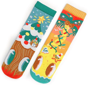 PALS Socks Brand Unisex CHRISTMAS PINEY & COCO Mismatched Gripper Bottom Socks (CHOOSE SIZE) - Novelty Socks for Less