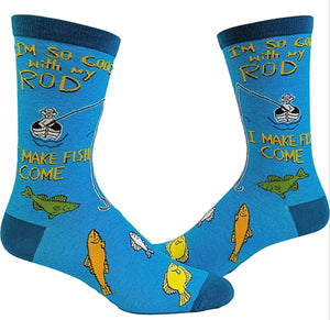 CRAZY DOG Brand Men’s FISHING Socks ‘I'M SO GOOD WITH MY ROD I MAKE FISH COME’ - Novelty Socks for Less