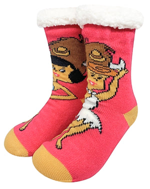 THE FLINTSTONES Ladies SHERPA LINED GRIPPER BOTTOM SLIPPER SOCKS BETTY & WILMA - Novelty Socks for Less