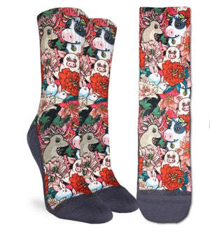 GOOD LUCK SOCK Brand Ladies FLORAL FARM ACTIVE FIT CREW SOCKS - Novelty Socks for Less