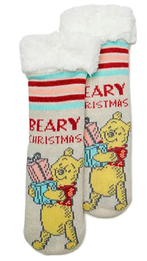 DISNEY WINNIE THE POOH CHRISTMAS SHERPA LINED GRIPPER BOTTOM SLIPPER SOCKS - Novelty Socks for Less
