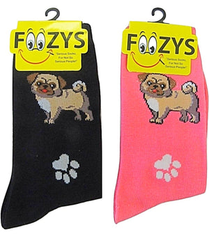 FOOZYS BRAND Ladies 2 Pair PUG DOG/PAW PRINTS Socks - Novelty Socks for Less