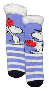 PEANUTS LADIES SNOOPY SHERPA LINED GRIPPER BOTTOM SLIPPER SOCKS BASKETBALL & BASEBALL - Novelty Socks for Less
