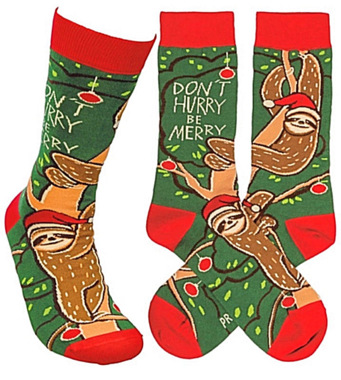 PRIMITIVES BY KATHY Unisex CHRISTMAS SLOTH Socks ‘DON’T HURRY BY MERRY’