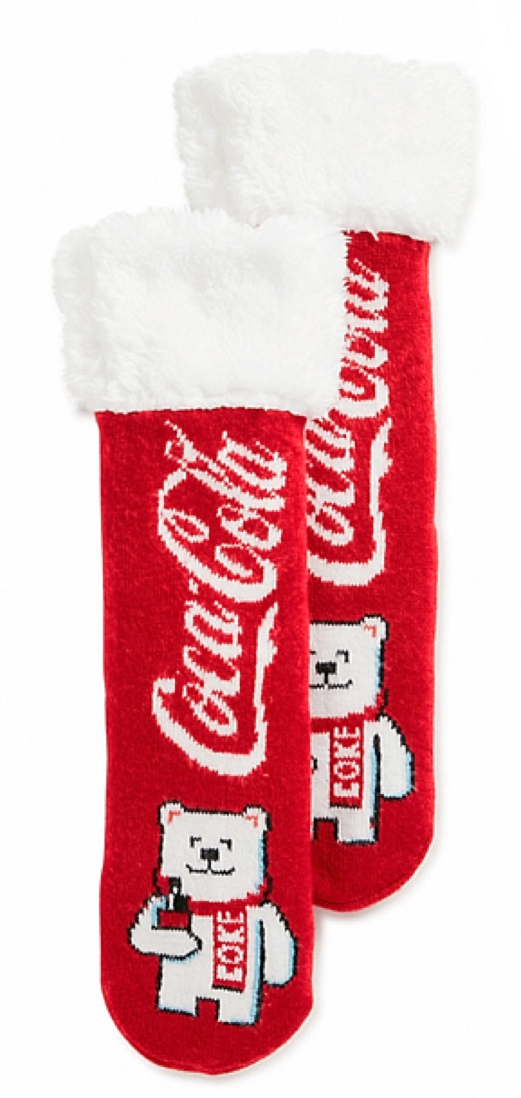 COCA-COLA LADIES SHERPA LINED GRIPPER BOTTOM SLIPPER SOCKS WITH POLAR BEAR - Novelty Socks for Less