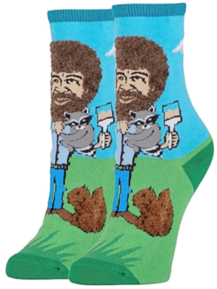 BOB ROSS Ladies ‘LET’S PAINT’ Socks With FUZZY HAIR OOOH YEAH Brand