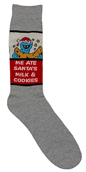 SESAME STREET MEN’S COOKIE MONSTER CHRISTMAS SOCKS ‘ME ATE SANTA’S MILK & COOKIES’ - Novelty Socks for Less