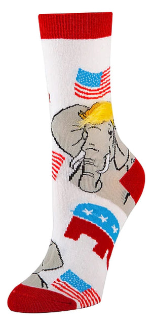 OOOH YEAH Brand Ladies REPUBLICAN RIGHT WING Socks ELEPHANT WITH TRUMP HAIR - Novelty Socks for Less