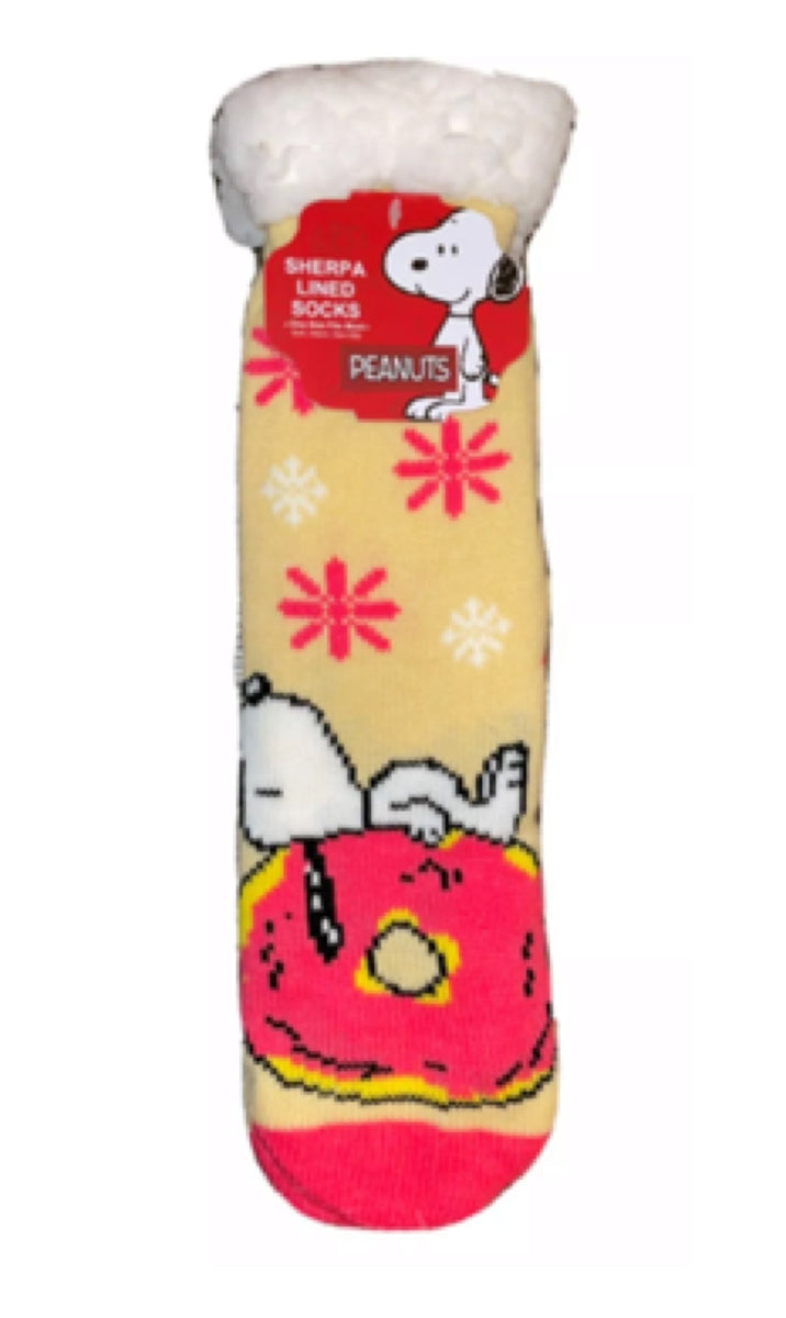 PEANUTS Ladies Sherpa Lined Gripper Bottom Slipper Socks SNOOPY ON DONUT