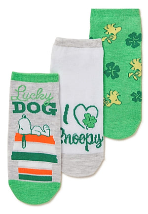 PEANUTS Ladies SNOOPY ST. PATRICKS DAY 3 Pair Of No Show Socks WAKE ME 4 THE SHENANIGANS - Novelty Socks for Less
