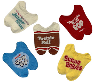 TOOTSIE ROLL Ladies 5 Pair Of No Show Socks JUNIOR MINTS, SUGAR BABIES - Novelty Socks for Less
