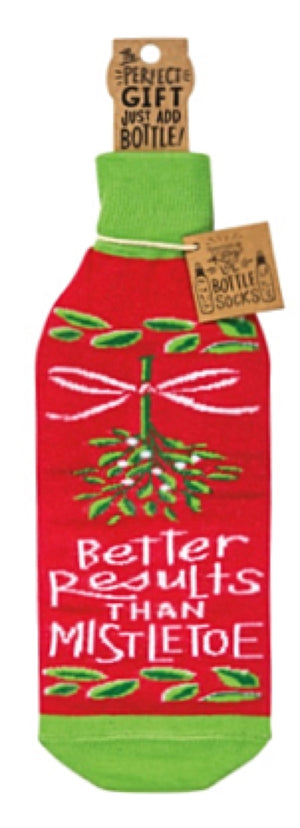 PRIMITIVES BY KATHY CHRISTMAS ALCOHOL WINE BOTTLE SOCK ‘BETTER RESULTS THAN MISTLETOE’ - Novelty Socks for Less