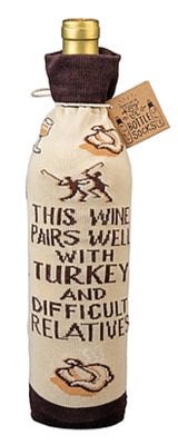PRIMITIVES BY KATHY THANKSGIVING ALCOHOL WINE BOTTLE SOCK ‘THIS WINE PAIRS WELL WITH TURKEY & DIFFICULT RELATIVES’ - Novelty Socks for Less