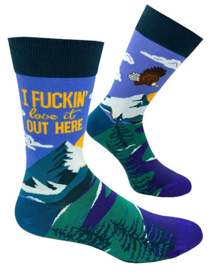 FABDAZ Brand Men’s OUTDOORS Socks ‘I FUCKING LOVE IT OUT HERE’ BALD EAGLE & MOUNTAINS - Novelty Socks And Slippers