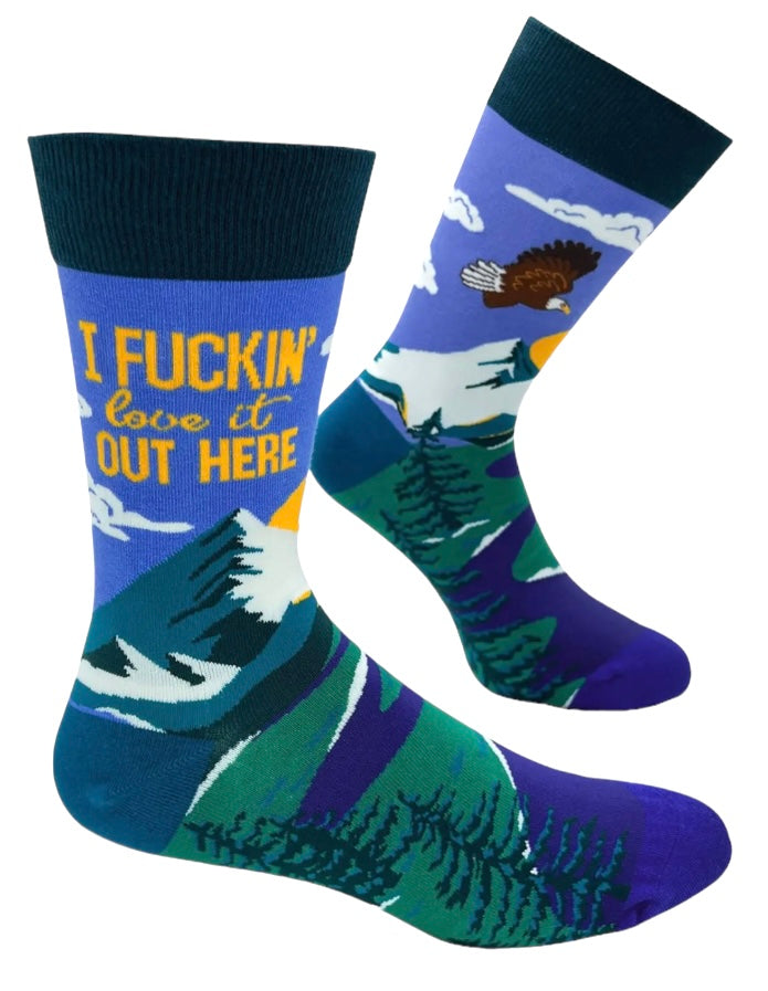 FABDAZ Brand Men’s OUTDOORS Socks ‘I FUCKING LOVE IT OUT HERE’ BALD EAGLE & MOUNTAINS