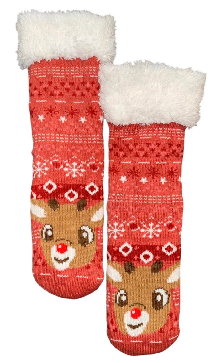 RUDOLPH THE RED NOSED REINDEER Ladies Sherpa Lined Gripper Bottom Slipper Socks