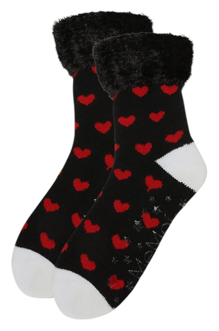 Memoi Brand Ladies Valentines Day Slipper Socks Red Hearts All Over