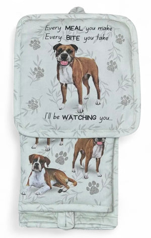 BOXER Dog 3 Piece Oven Mitt & Tea Towel Set By E&S Pets - Novelty Socks And Slippers