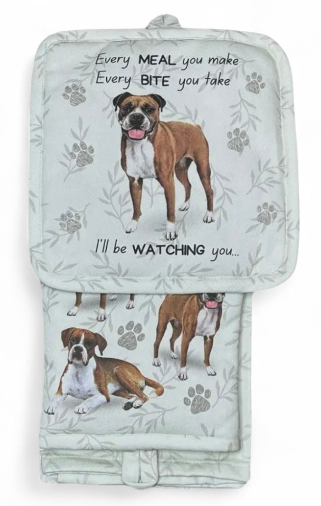 BOXER Dog 3 Piece Oven Mitt & Tea Towel Set By E&S Pets