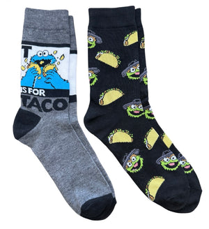 SESAME STREET Men’s 2 Pair Of Socks COOKIE MONSTER & OSCAR ‘T IS FOR TACOS’ - Novelty Socks And Slippers
