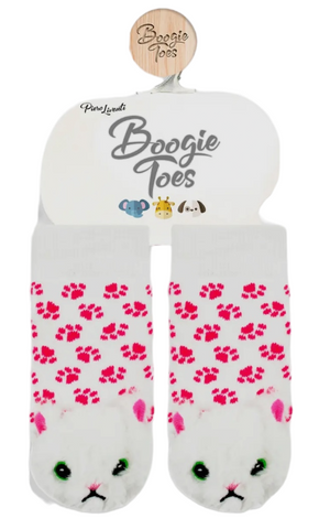 BOOGIE TOES Baby Unisex WHITE FURBALL CAT Rattle Gripper Bottom Socks (CHOOSE SIZE)