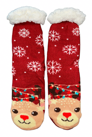 CHRISTMAS REINDEER Ladies Sherpa Lined Gripper Bottom Slipper Socks - Novelty Socks And Slippers