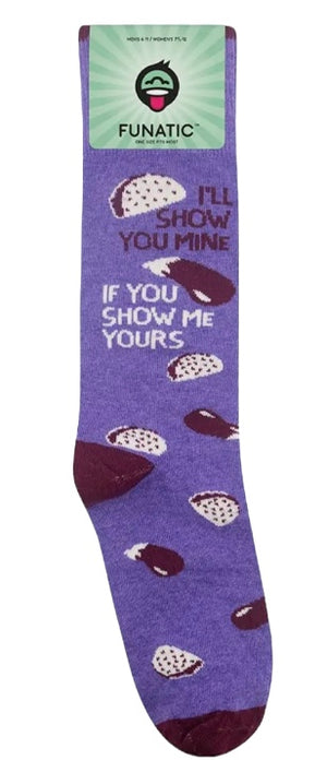 FUNATIC Brand Unisex EGGPLANT & TACOS Socks ‘I’LL SHOW YOU MINE IF YOU SHOW ME YOURS’