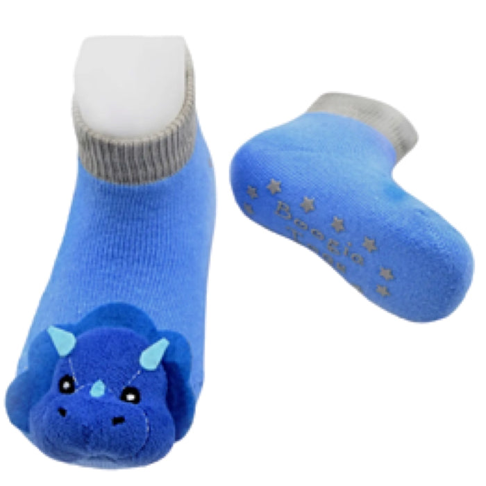 BOOGIE TOES Baby Unisex BLUE TRICERATOPS DINOSAUR Rattle Gripper Bottom Socks By Piero Liventi