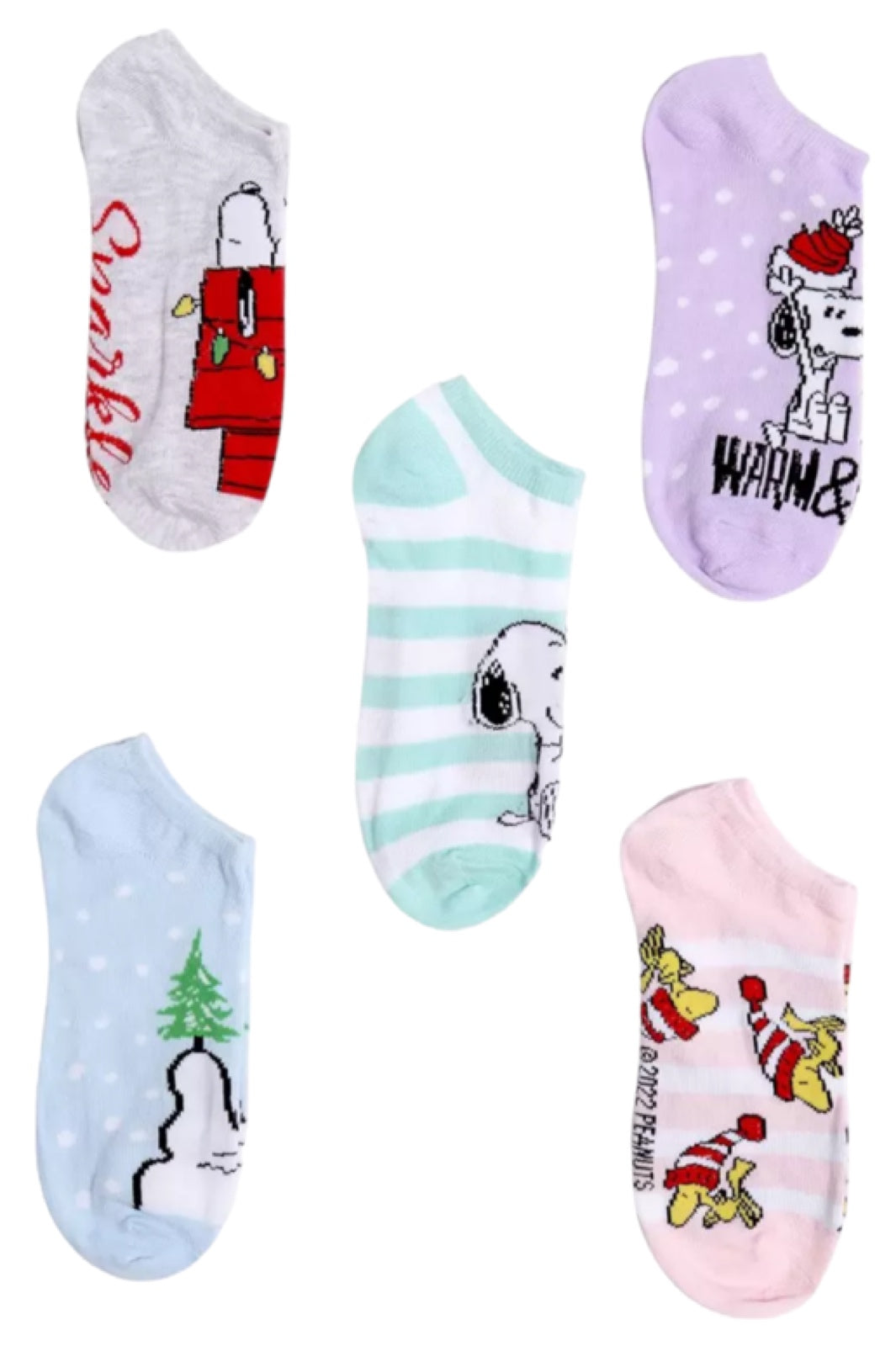 PEANUTS Ladies 5 Pair Of CHRISTMAS No Show Socks ‘WARM & COZY’ - Novelty Socks for Less