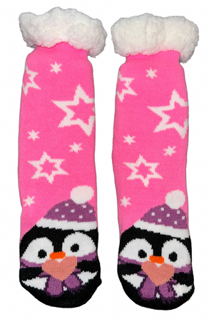 PENGUIN Ladies Sherpa Lined Gripper Bottom Slipper Socks (CHOOSE STYLE) - Novelty Socks And Slippers