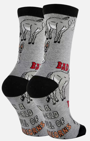 OOOH YEAH Brand Ladies DONKEY Socks ‘IN A WORLD FULL OF UNICORNS BE A BAD ASS’ - Novelty Socks And Slippers