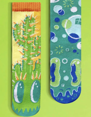 POKEY & POPPY Unisex CACTUS & BUBBLES Mismatched Gripper Bottom Socks PALS SOCKS Brand (CHOOSE SIZE) - Novelty Socks And Slippers