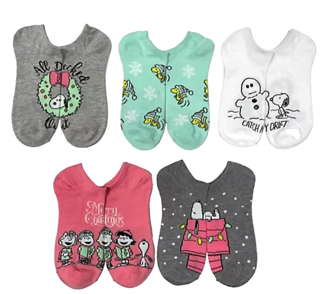 PEANUTS Ladies CHRISTMAS 5 Pair Of No Show Socks With CHARLIE BROWN, LUCY, SALLY, LINUS & SNOOPY - Novelty Socks And Slippers