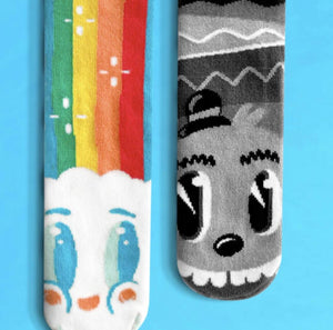 RAINBOW FACE & MR. GRAY Unisex Kids Mismatched Gripper Bottom Socks PALS SOCKS Brand (CHOOSE SIZE) - Novelty Socks And Slippers