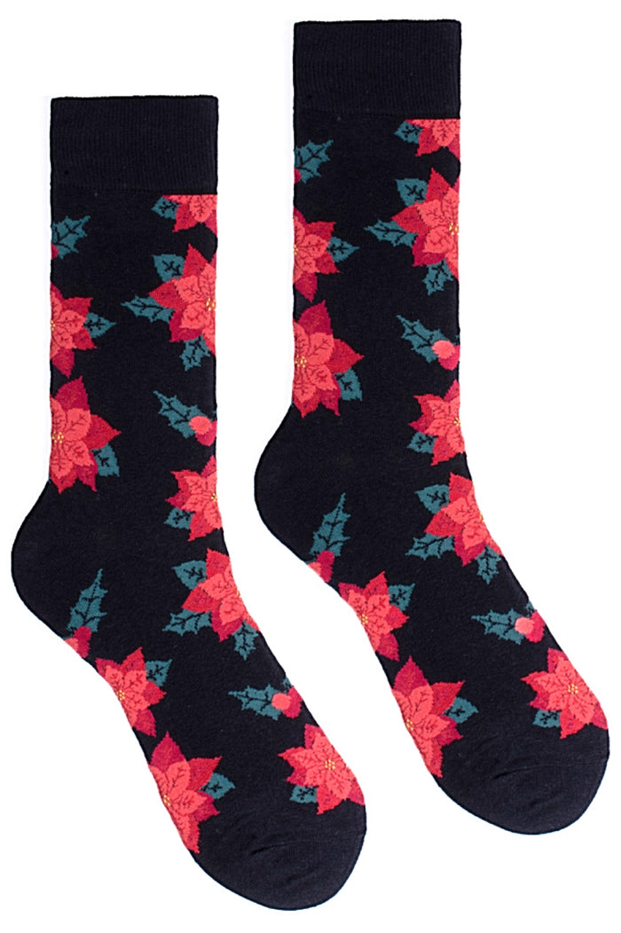 PARQUET Brand Men’s CHRISTMAS POINSETTIA PLANT Socks With HOLLY LEAVES, BERRIES