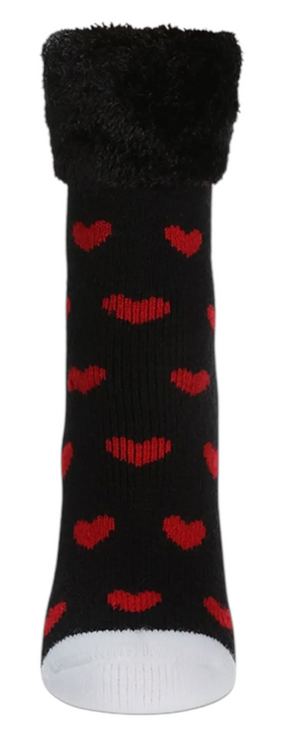 Memoi Brand Ladies Valentines Day Slipper Socks Red Hearts All Over