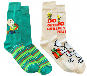 PEANUTS Men’s CHRISTMAS 2 Pair Of Socks CHARLIE BROWN, SNOOPY ‘DON’T OPEN TIL CHRISTMAS’ - Novelty Socks And Slippers
