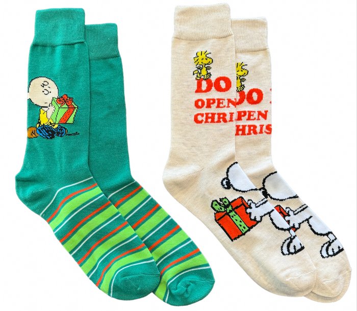 PEANUTS Men’s CHRISTMAS 2 Pair Of Socks CHARLIE BROWN, SNOOPY ‘DON’T OPEN TIL CHRISTMAS’
