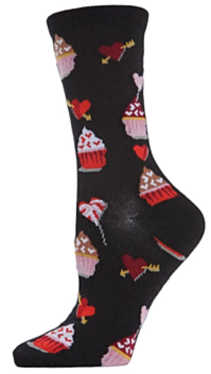 MeMoi BRAND LADIES CUPCAKE VALENTINE’S DAY SOCKS CUPCAKES & HEARTS ALL OVER (CHOOSE COLOR) - Novelty Socks And Slippers