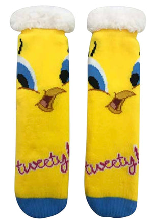 LOONEY TUNES Ladies SHERPA LINED GRIPPER BOTTOM SLIPPER SOCKS TWEETY BIRD - Novelty Socks And Slippers