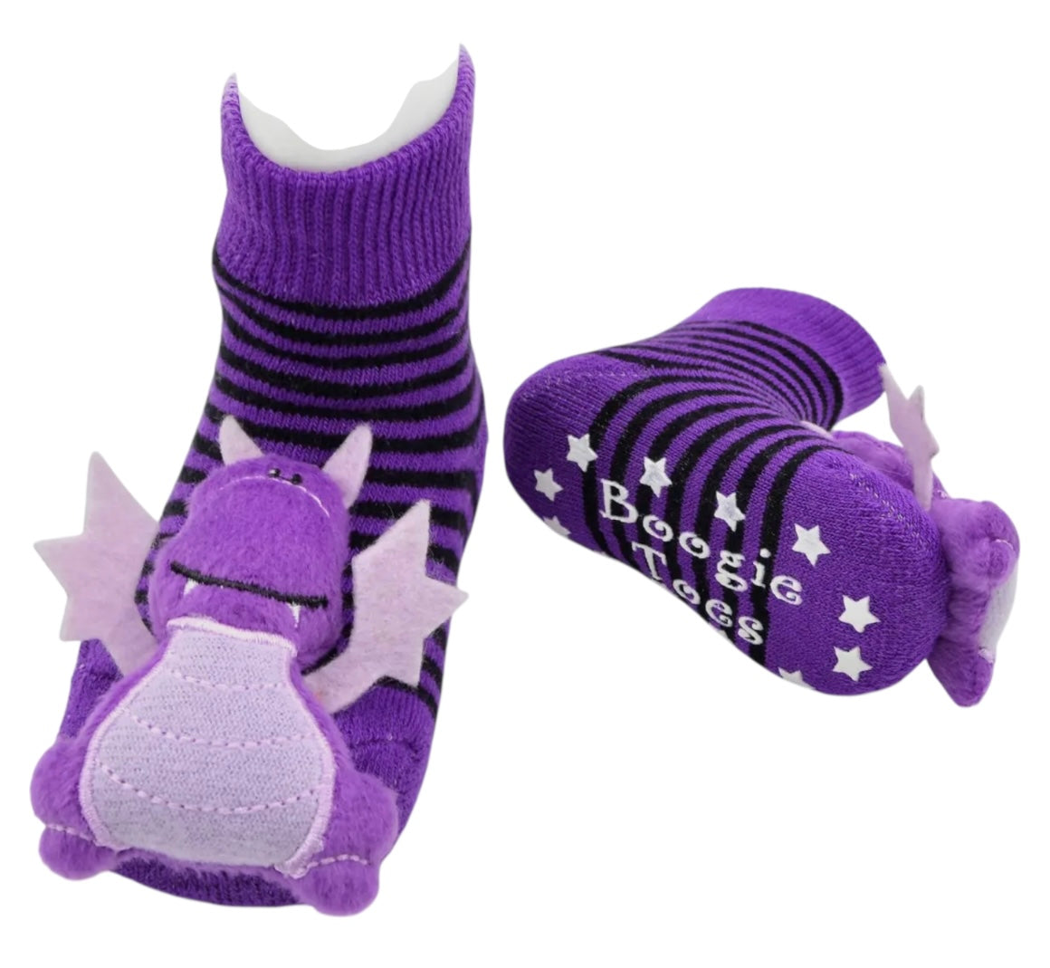 BOOGIE TOES Brand Unisex Baby PURPLE DRAGON Rattle Gripper Bottom Socks By Piero Liventi - Novelty Socks And Slippers