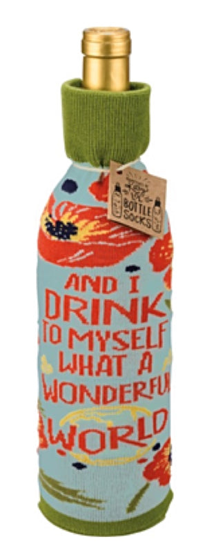 PRIMITIVES BY KATHY ALCOHOL WINE BOTTLE SOCK ‘AND I DRINK TO MYSELF WHAT A WONDERFUL WORLD’ - Novelty Socks for Less